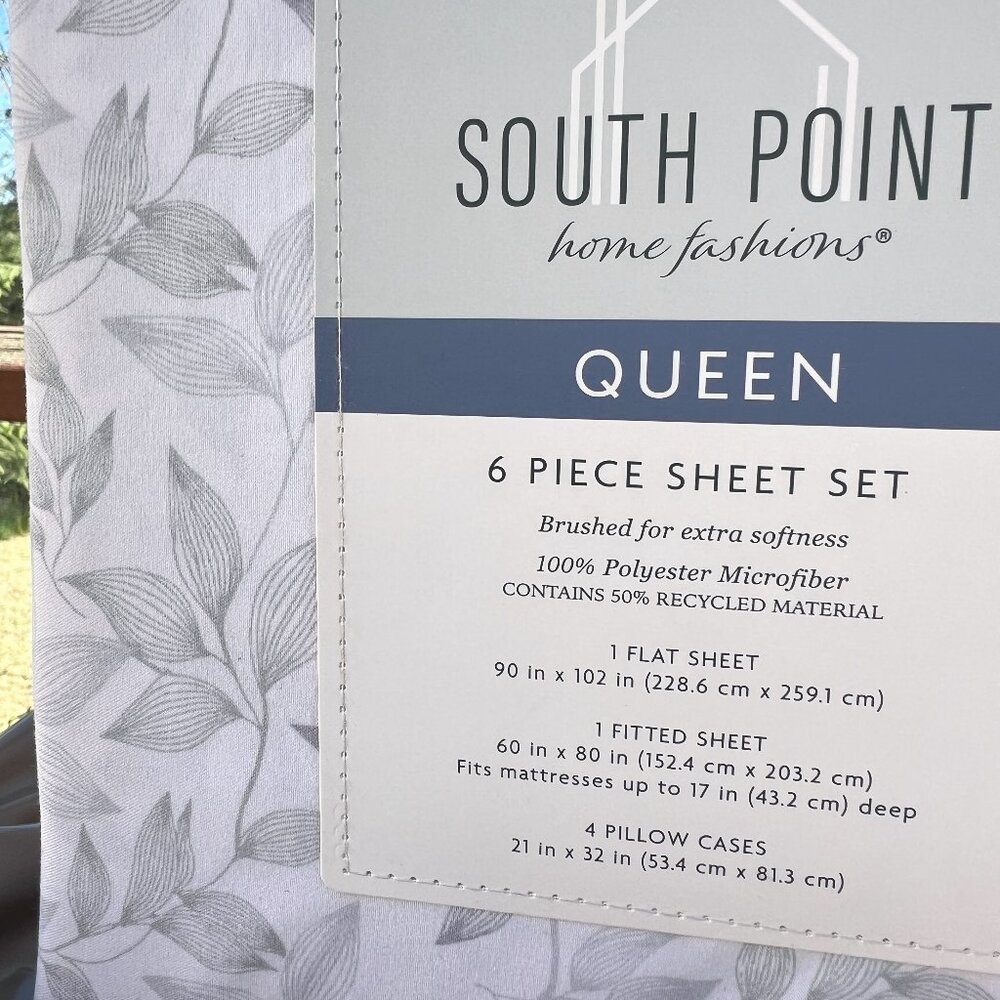6 Piece Queen Size Sheet Set Microfiber by South Point NEW Gray Leaf - Picture 2 of 6